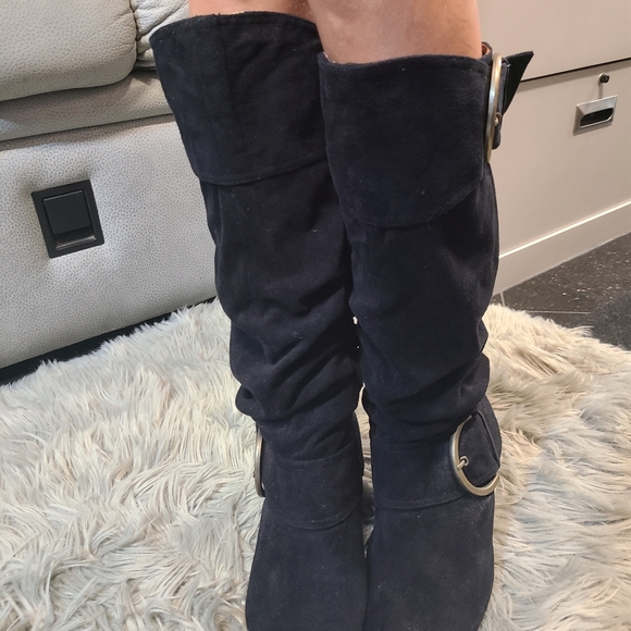 Black Wedge Heel Knee High Boots - Picture 5 of 6